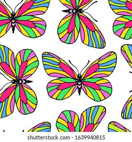 Vector seamless pattern with hand drawn colorful butterflies. Beautiful design elements, perfect for prints and patterns
