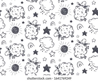 Vector seamless pattern with hand drawn sheep animals, sun, star. Black and white endless background. Illustration for cards, textile, baby shower, preschool and children room decoration