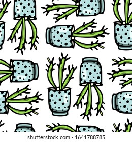 Vector seamless pattern with hand drawn succulents in painted pots. Ink drawing, graphic style. Beautiful floral design elements, perfect for prints and patterns