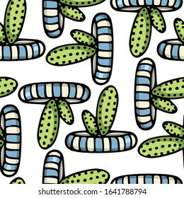 Vector seamless pattern with hand drawn cacti in painted pots. Ink drawing, graphic style. Beautiful floral design elements, perfect for prints and patterns
