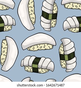 Vector seamless pattern with hand drawn scallop and squid nigiri sushi. Beautiful food design elements, perfect for any business related to the food industry.