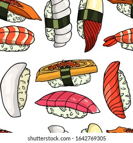 Vector seamless pattern with hand drawn sushi. Beautiful food design elements, perfect for any business related to the food industry.