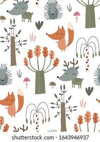 Vector seamless pattern with hand drawn wild forest animals and trees. Colorful endless background for textile, wrapping paper, cards, invitations, preschool and children room decoration