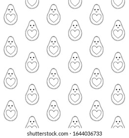 Vector seamless pattern of hand drawn doodle sketch avocado with heart and face isolated on white background