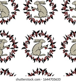Vector seamless pattern with hand drawn cute hares in floral wreath made with ink. Perfect Easter or animal design elements, beautiful animal illustration