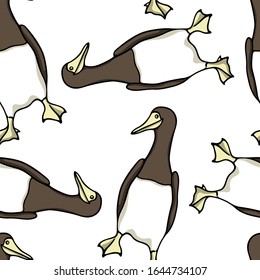 Vector seamless pattern with hand drawn dancing Brown Boobies. Ink drawing, beautiful animal and nautical design elements. Perfect for prints and patterns
