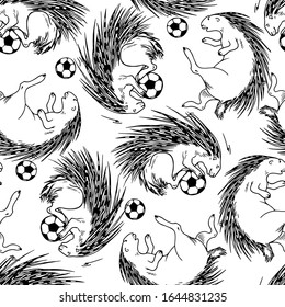 Vector seamless pattern with hand drawn active porcupines playing football. Beautiful ink drawing, animal illustration. Perfect for prints and patterns