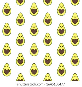 Vector seamless pattern of hand drawn doodle sketch colored avocado with heart and face isolated on white background