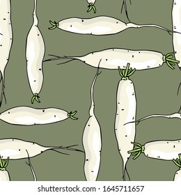 Vector seamless pattern with hand drawn raw White Icicle radish. Beautiful food design elements, ink drawing. Perfect for prints and patterns