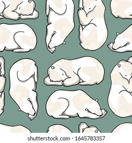 Vector seamless pattern with hand drawn sweet sleeping polar bears. Beautiful ink drawing, animal illustration. Perfect for prints and patterns