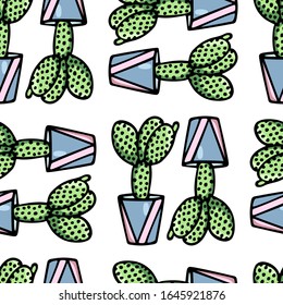 Vector seamless pattern with hand drawn cacti in painted pots. Ink drawing, graphic style. Beautiful floral design elements, perfect for prints and patterns