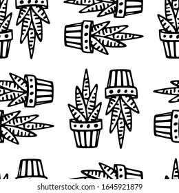 Vector seamless pattern with hand drawn houseplants in painted pots. Ink drawing, graphic style. Beautiful floral design elements, perfect for prints and patterns