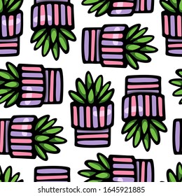 Vector seamless pattern with hand drawn succulents in painted pots. Ink drawing, graphic style. Beautiful floral design elements, perfect for prints and patterns