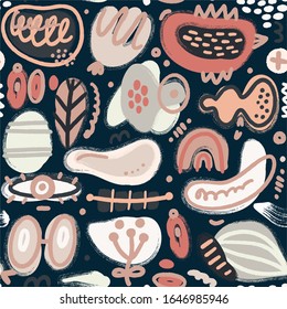 Vector seamless pattern with hand drawn different textured shapes and decorative elements. Folk style. Unique artistic design.. Creative background. Wallpaper, textile, wrapping, print on clothes