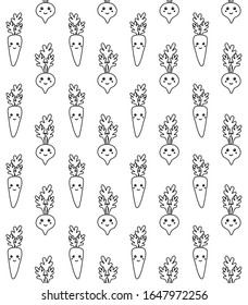 Vector seamless pattern of hand drawn doodle sketch cartoon carrot and beetroot with face isolated on white background