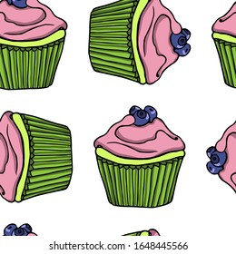Vector seamless pattern with hand drawn delicious cupcakes. Cool food design elements, perfect for prints and patterns