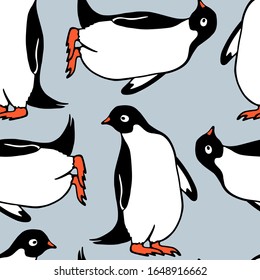 Vector seamless pattern with hand drawn sweet penguins. Ink drawing, beautiful animal and nautical design elements. Perfect for prints and patterns