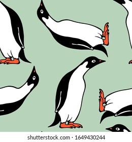 Vector seamless pattern with hand drawn sweet penguins. Ink drawing, beautiful animal and nautical design elements. Perfect for prints and patterns