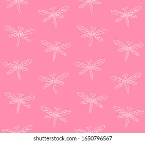 Vector seamless pattern of hand drawn doodle sketch colored dragonfly isolated on pink background