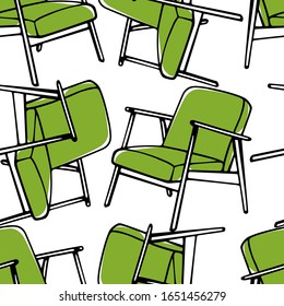 Vector seamless pattern with hand drawn green accent chairs. Beautiful design elements, perfect for prints and pattern.