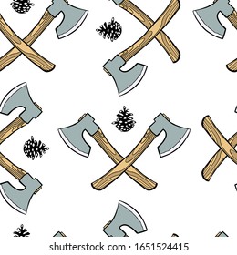 Vector seamless pattern with hand drawn crossed axes and pine cones. Beautiful design elements, perfect for prints and patterns