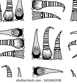 Vector seamless pattern with hand drawn cute gnomes in patterned high caps. Ink drawing, funny illustration, beautiful design elements. Perfect for prints and patterns