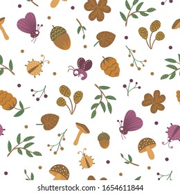 Vector seamless pattern with hand drawn flat funny acorns, cones, mushrooms and insects. Autumn repeating background for children’s design. Cute forest texture