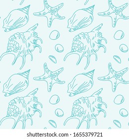 Vector seamless pattern hand drawn sea shells star fish