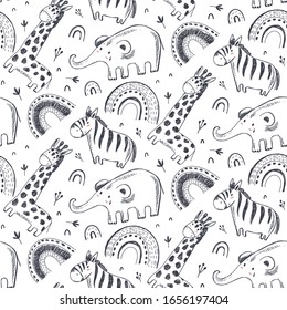 Vector seamless pattern with hand drawn African animals. Black and white endless background. Illustration for cards, textile, baby shower, preschool and children room decoration