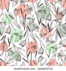 Vector seamless pattern with hand drawn flowers.