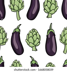 Vector seamless pattern with hand drawn Santana eggplants and green artichokes. Beautiful vegetable design elements, perfect for prints and patterns