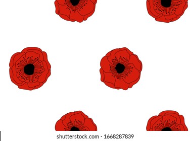 Vector seamless pattern with hand drawn red poppy on green. Colorful botanical illustration, floral elements. Decorative wallpaper, good for fabric and printing