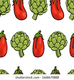 Vector seamless pattern with hand drawn Red Moroccan eggplants and Green Globe artichokes. Beautiful vegetable design elements, perfect for prints and patterns