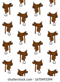 Vector seamless pattern of hand drawn doodle sketch brown western cowboy equestrian horse saddle isolated on white background