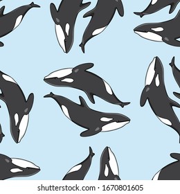 Vector seamless pattern with hand drawn killer whales. Beautiful ink drawing, heavy contour. Perfect for prints and patterns