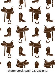 Vector seamless pattern of hand drawn doodle brown equestrian horse cowboy western boot and saddle isolated on white background