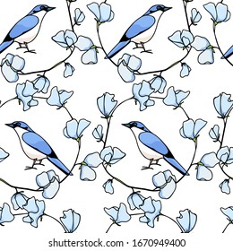 Vector seamless pattern with hand drawn cute blue birds in blue flower wreath made with ink. Beautiful animal and floral design elements. Perfect for prints and patterns