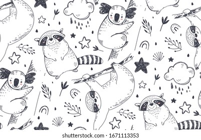 Vector seamless pattern with hand drawn animals. Black and white endless background. Illustration for cards, textile, baby shower, preschool and children room decoration