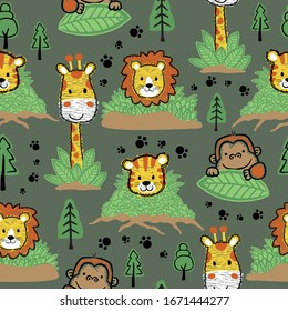 vector seamless pattern of hand drawn animals cartoon, forest elements illustration