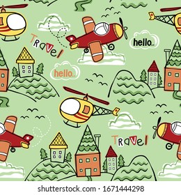 vector seamless pattern of hand drawn air transportation cartoon flying across countryside