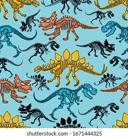 vector seamless pattern of hand drawn dinosaurs skeleton cartoon