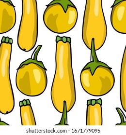 Vector seamless pattern with hand drawn round yellow eggplants and yellow zucchini. Cool vegetable design elements, perfect for prints and patterns