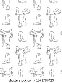 Vector seamless pattern of hand drawn doodle sketch equestrian horse cowboy western boot and saddle isolated on white background
