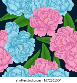 Vector seamless pattern with hand drawn pink and blue blooming peonies and leaves. Floral reapeted background on dark blue. Romantic design for natural cosmetics, perfume, women products. 