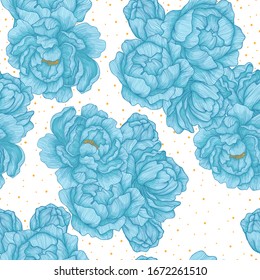 Vector seamless pattern with hand drawn blue blooming peonies and dots. Floral reapeted background on white. Romantic design for natural cosmetics, perfume, women products.