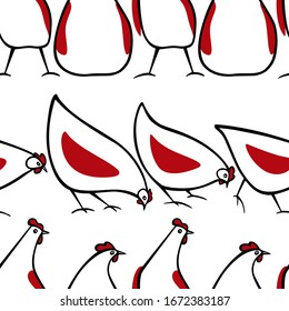 Vector seamless pattern with hand drawn red-winged hens. Beautiful elements for food or farming design, perfect for prints and patterns