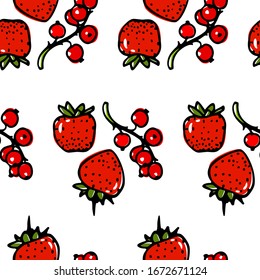 Vector seamless pattern with hand drawn juicy strawberries and red currant. Beautiful food design elements, perfect for prints and patterns