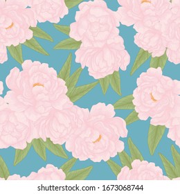 Vector seamless pattern with hand drawn pink blooming peonies. Floral reapeted background on blue with stripes. Romantic design 