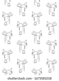 Vector seamless pattern of hand drawn doodle sketch western cowboy equestrian horse saddle isolated on white background