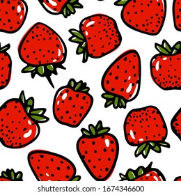 Vector seamless pattern with hand drawn juicy strawberries. Beautiful food design elements, perfect for prints and patterns